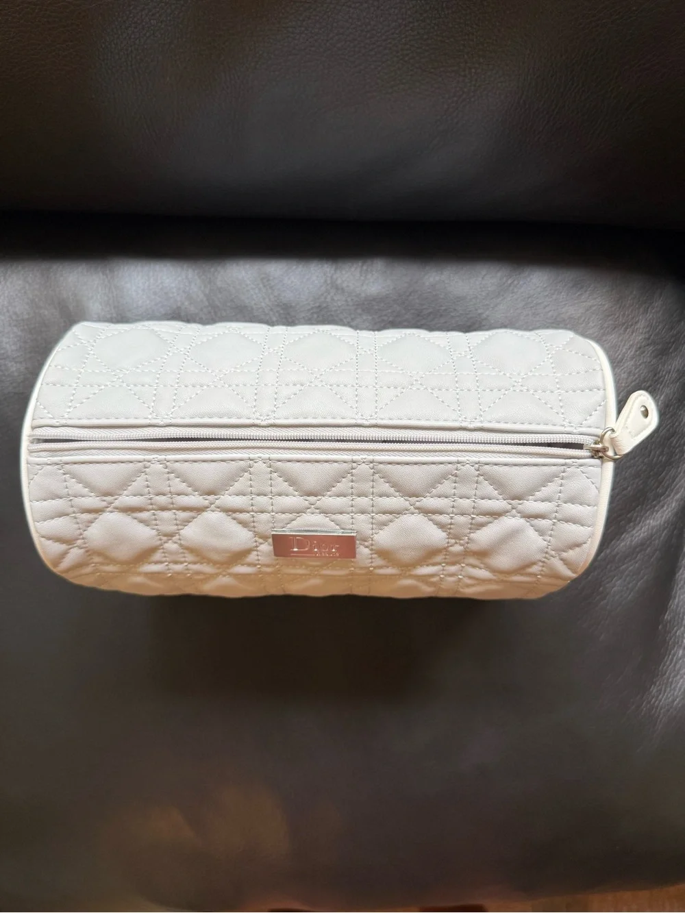 Dior Cream Quilted Cosmetic Pouch with Logo Plaque